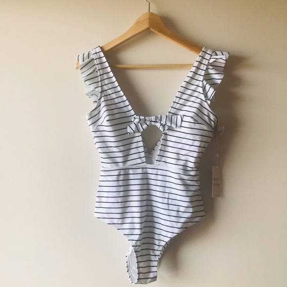 NWOT black and white striped ruffle one piece bathing suit - Picture 6 of 8
